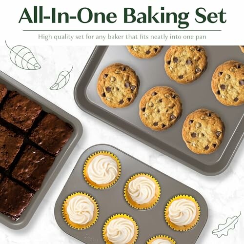 Baking set with cookies, brownies, and cupcakes in pans.