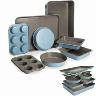 Assorted blue and gray bakeware set including muffin tins, cake pans, and baking sheets.