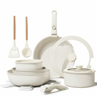 Ceramic cookware set with pots, pans, and utensils