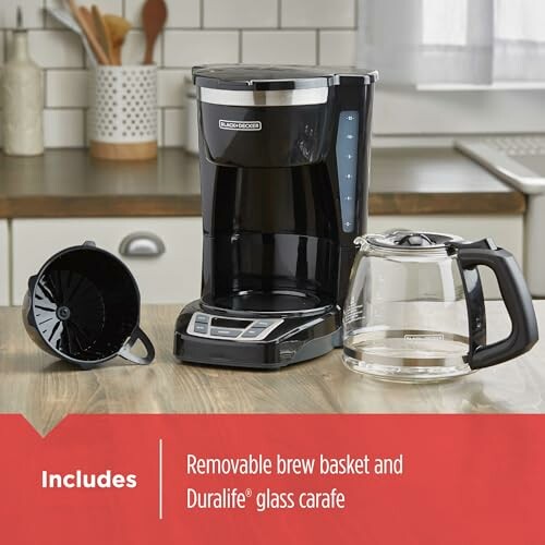 Coffee maker with removable brew basket and Duralife glass carafe