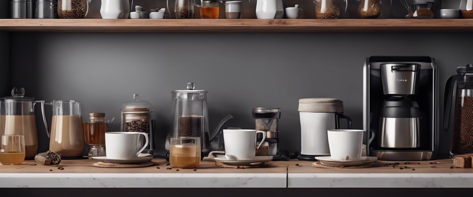 Coffee and tea accessories organized on a shelf