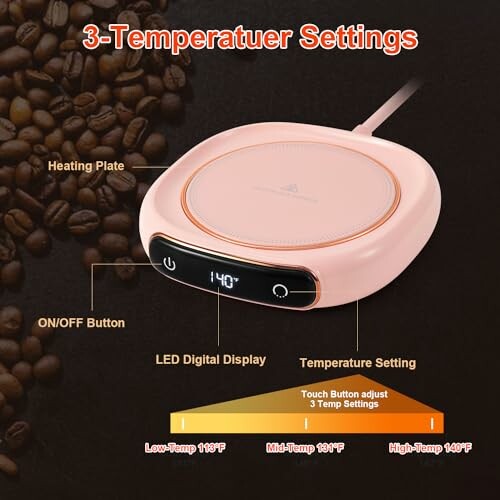 Coffee warmer with three temperature settings and digital display.