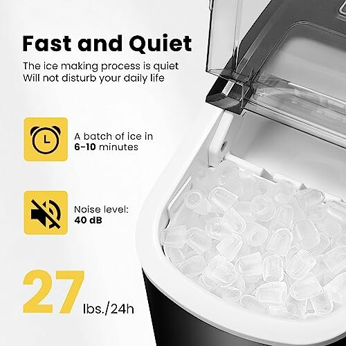 Ice maker with features, produces ice in 6-10 minutes, 40 dB noise level.