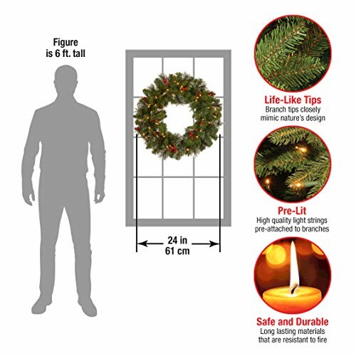 Illustration showing a holiday wreath with dimensions and features.