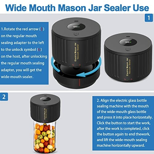 Instructions for using a wide mouth mason jar sealer with images of the sealer and a jar.