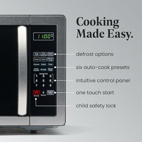 Microwave control panel with features labeled.