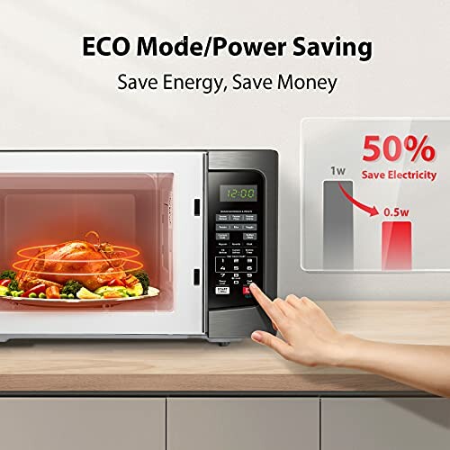 Microwave with ECO mode and power-saving feature.