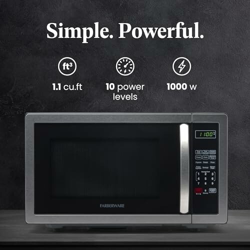 Farberware microwave with 1.1 cu.ft capacity, 10 power levels, 1000 watts