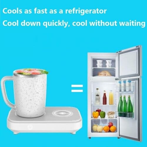 Mug cooling device compared to refrigerator.