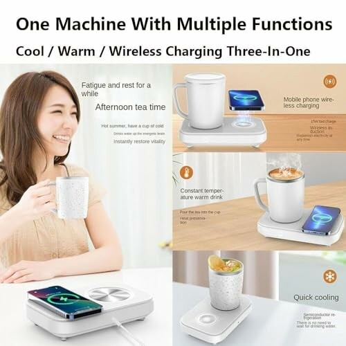 Multi-function device for warming drinks and wireless charging with user.