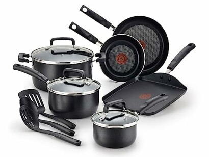 Nonstick cookware set with pots, pans, and utensils