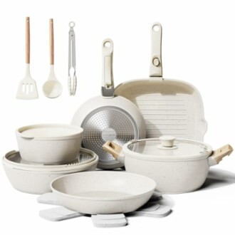 Nonstick cookware set with pans, pots, and utensils