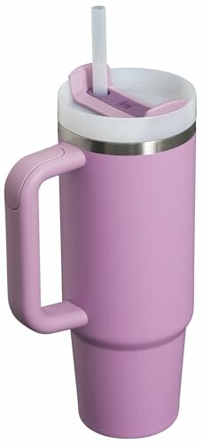 Pink tumbler with handle and straw