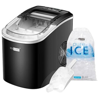 Portable ice maker with ice scoop and bag of ice.