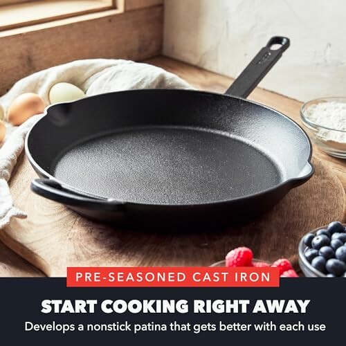 Pre-seasoned cast iron skillet on a wooden board with ingredients nearby.