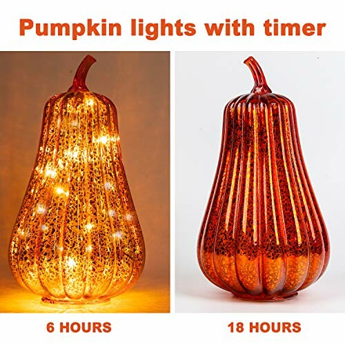 Two decorative pumpkin lights with timer settings for 6 and 18 hours.