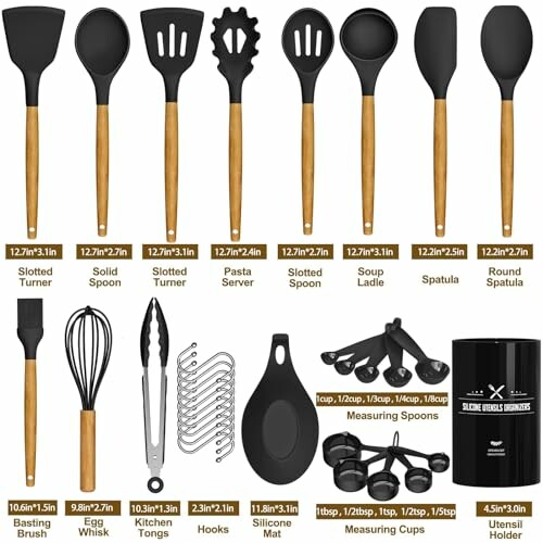 Silicone kitchen utensil set with various cooking tools and holder.