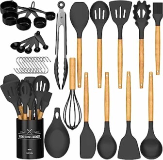 Silicone kitchen utensils set with bamboo handles