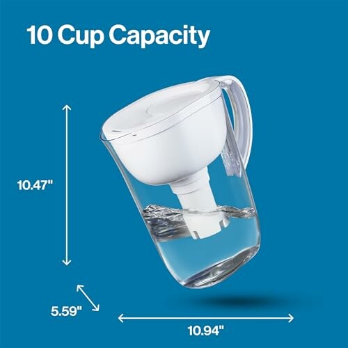 Water filter pitcher with 10 cup capacity and dimensions.