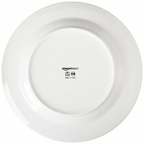 Bottom view of a white ceramic plate with branding.