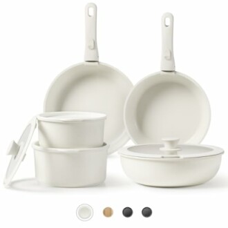 White nonstick cookware set with lids.